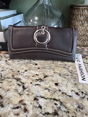 Brown Leather Clutch Wallet with Silver Ring Accent